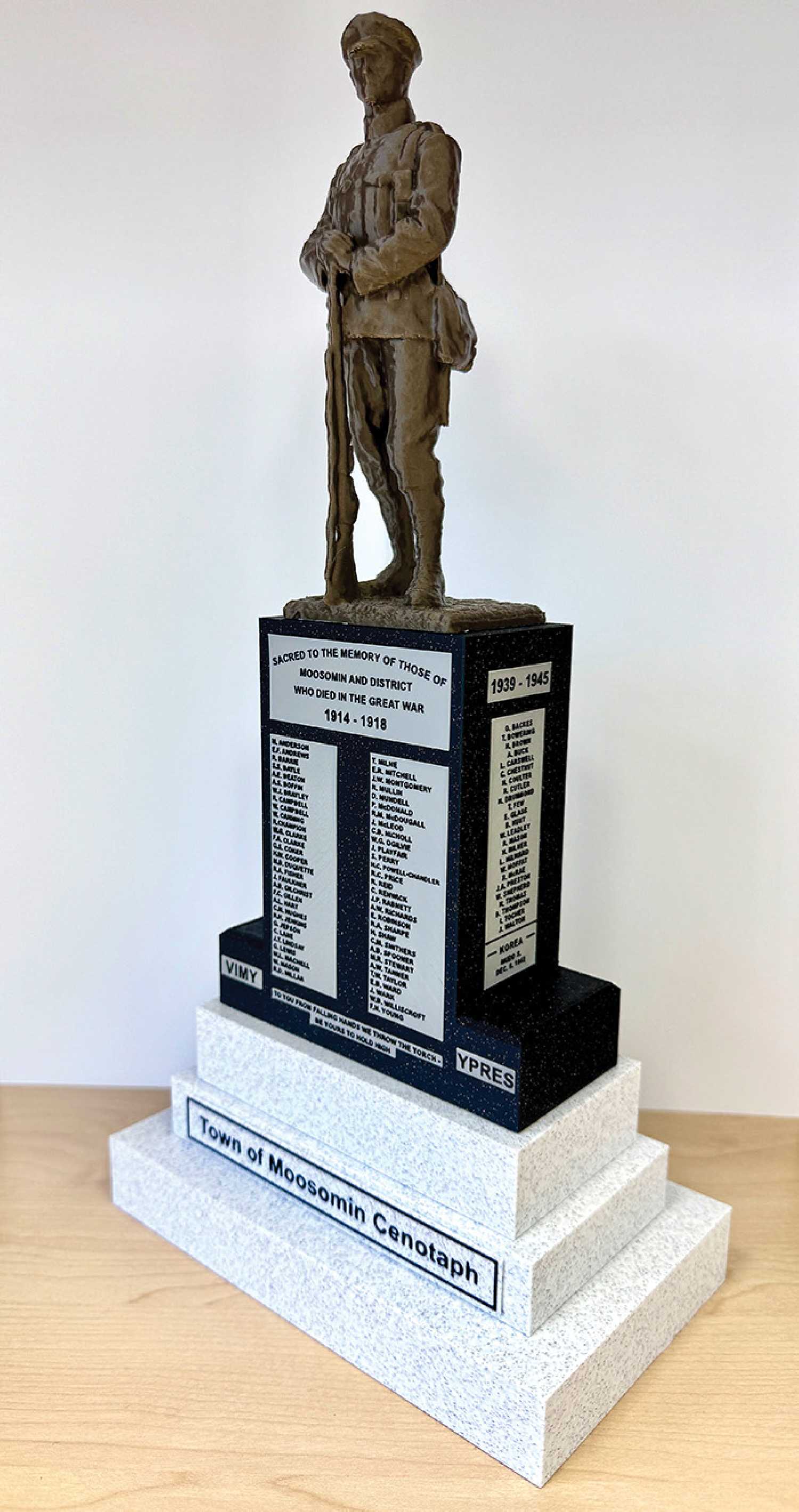 One of the 3D printed Moosomin Cenotaph replicas created by Joe and Riley St. Onge. The replicas are being sold for $100 as a fundraiser for the Moosomin Cenotaph centennial celebration.